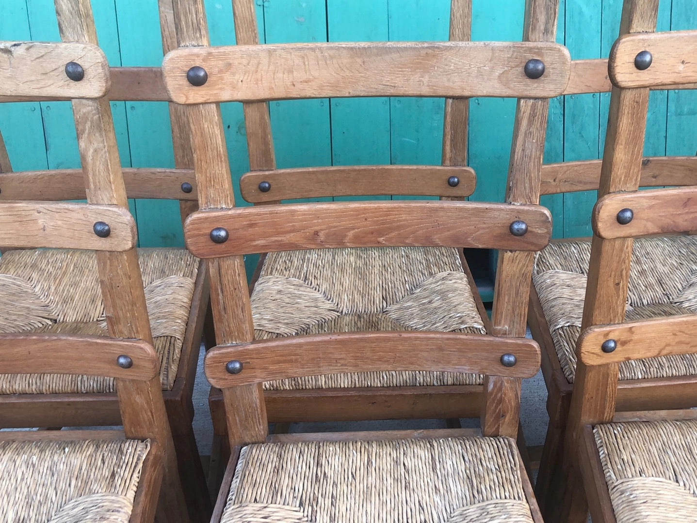 SET OF 6 OAK LADDER BACK CHAIRS WITH NAIL HEADS