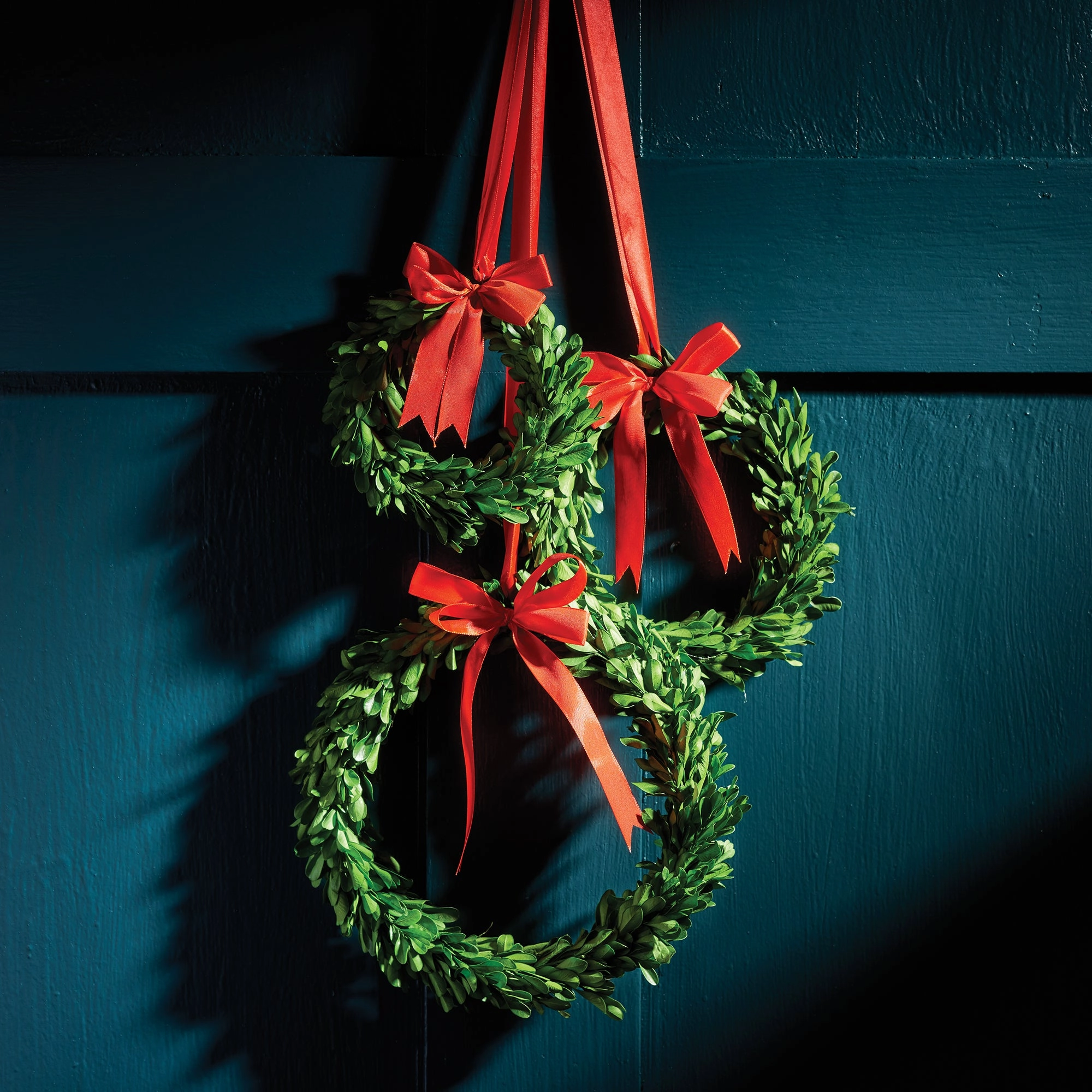 Set of Three Boxwood Wreaths with Red Ribbons
