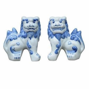 Set of Two Blue and White Porcelain Foo Dog Statues home display ornament