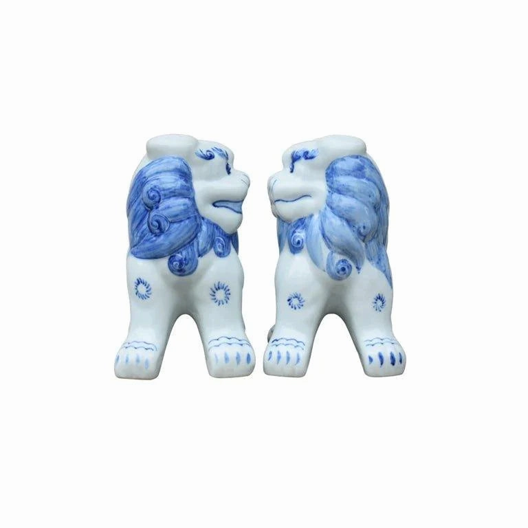 Set of Two Blue and White Porcelain Foo Dog Statues