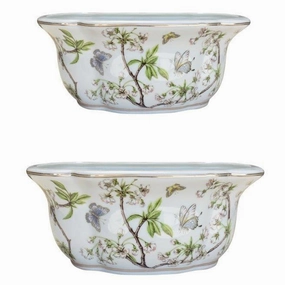 Set of Two Cherry Blossoms Porcelain Oval Planters home display ornament