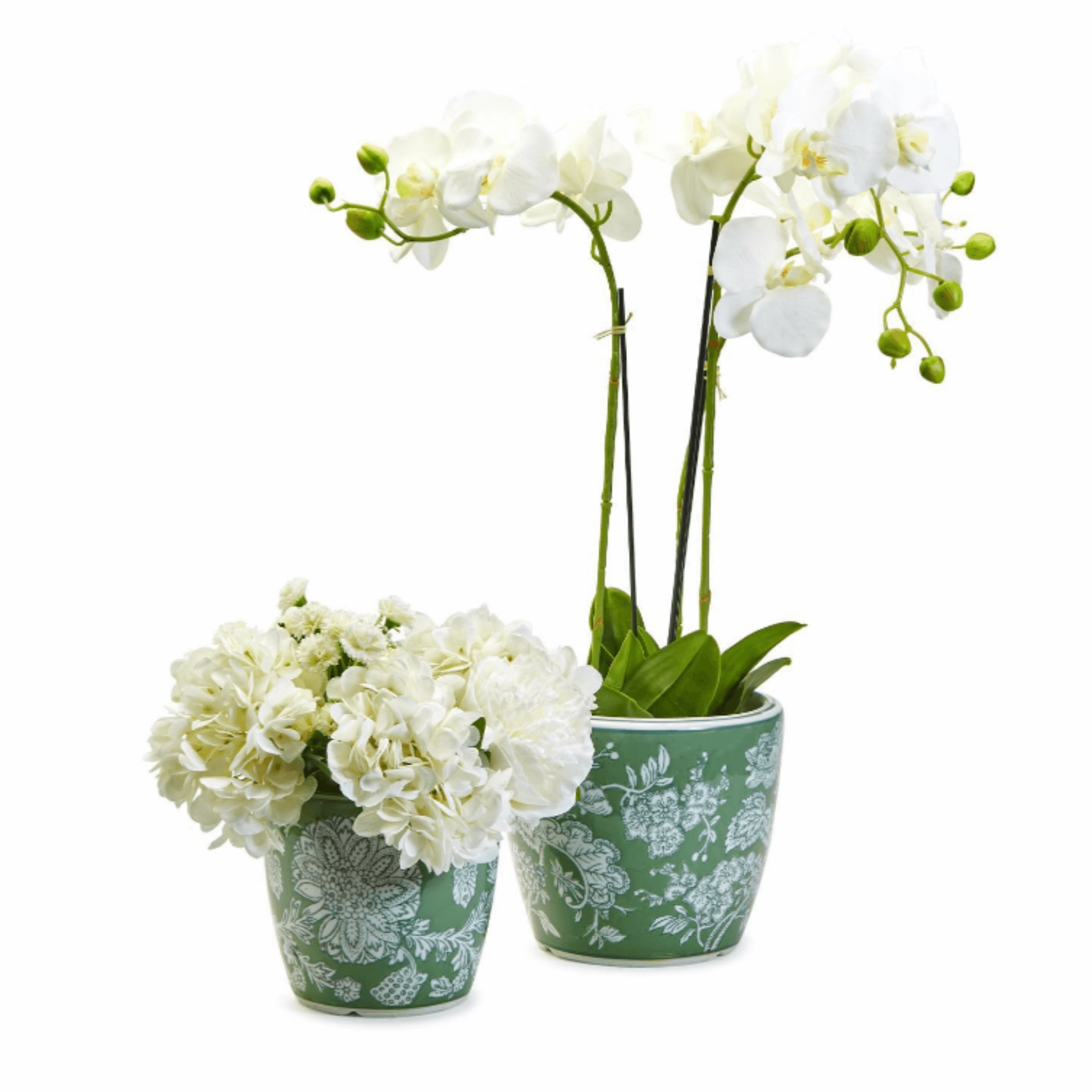 Set of Two Green & White Countryside Cachepots / Vases