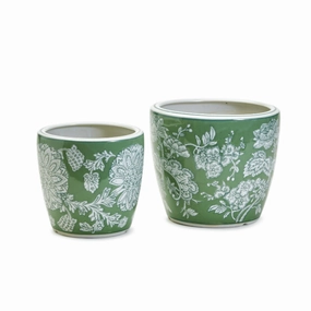 Set of Two Green & White Countryside Cachepots / Vases home display ornament