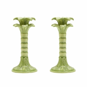 Set of Two Green Palm Leaf Taper Candlestick Holders home display ornament