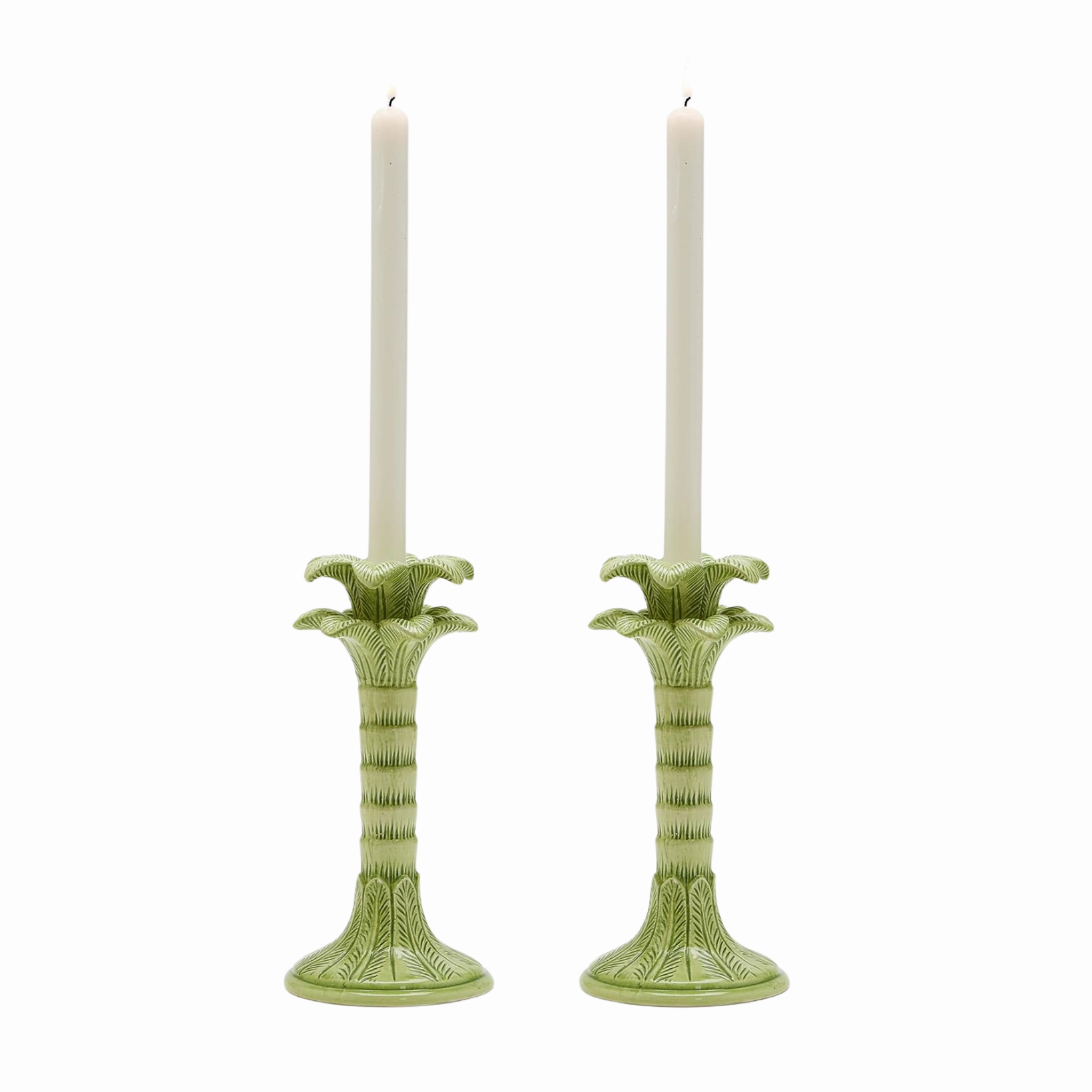 Set of Two Green Palm Leaf Taper Candlestick Holders