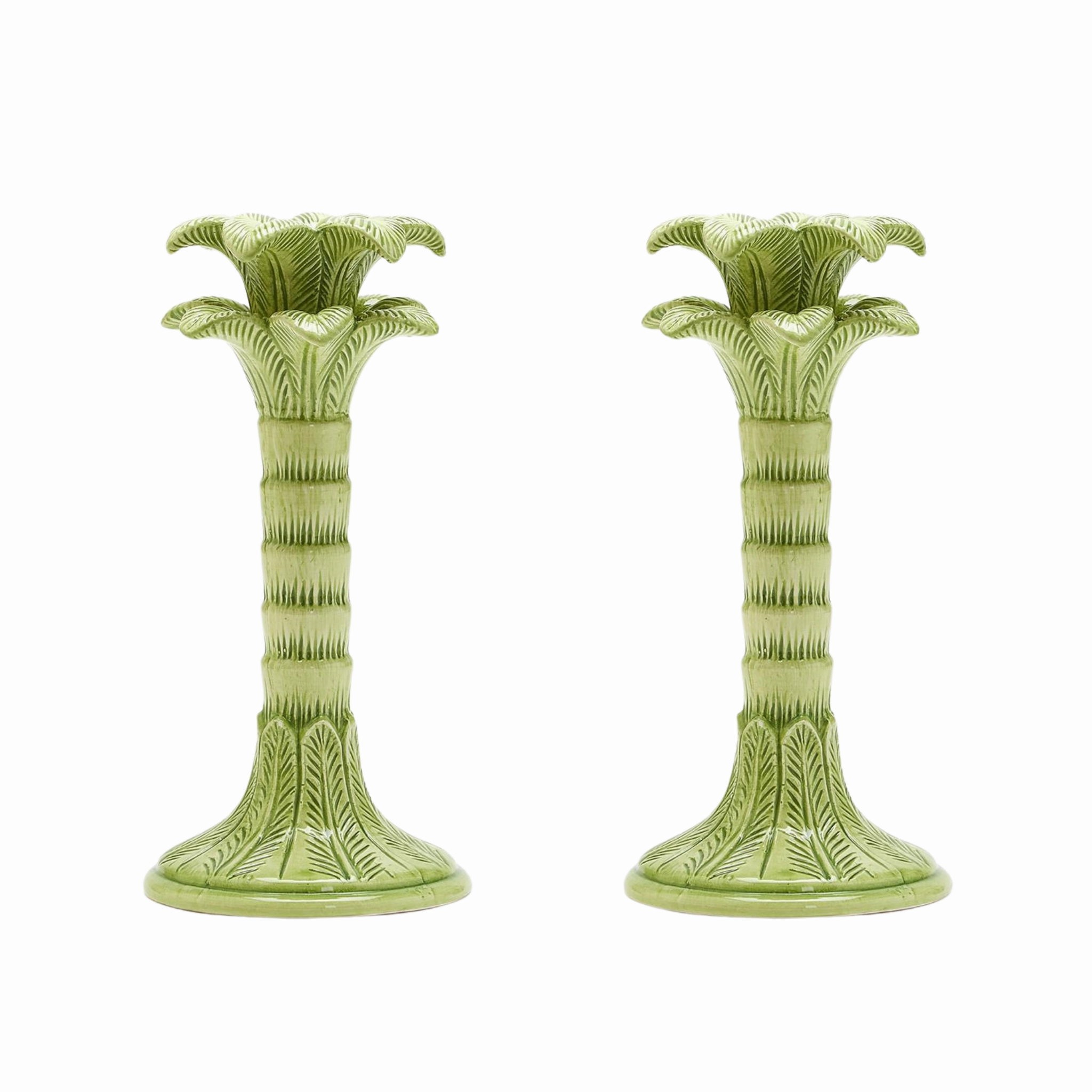 Set of Two Green Palm Leaf Taper Candlestick Holders home display ornament