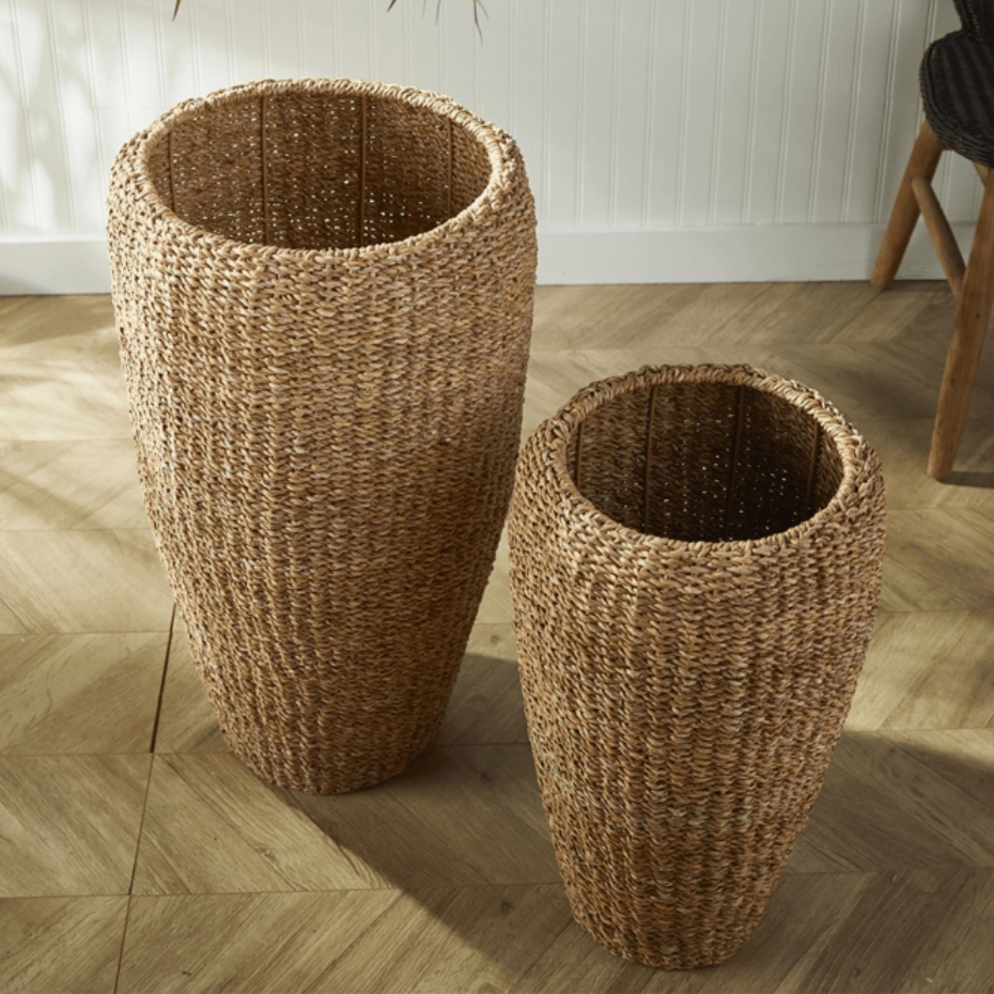 Set of Two Tall Round Seagrass Planters