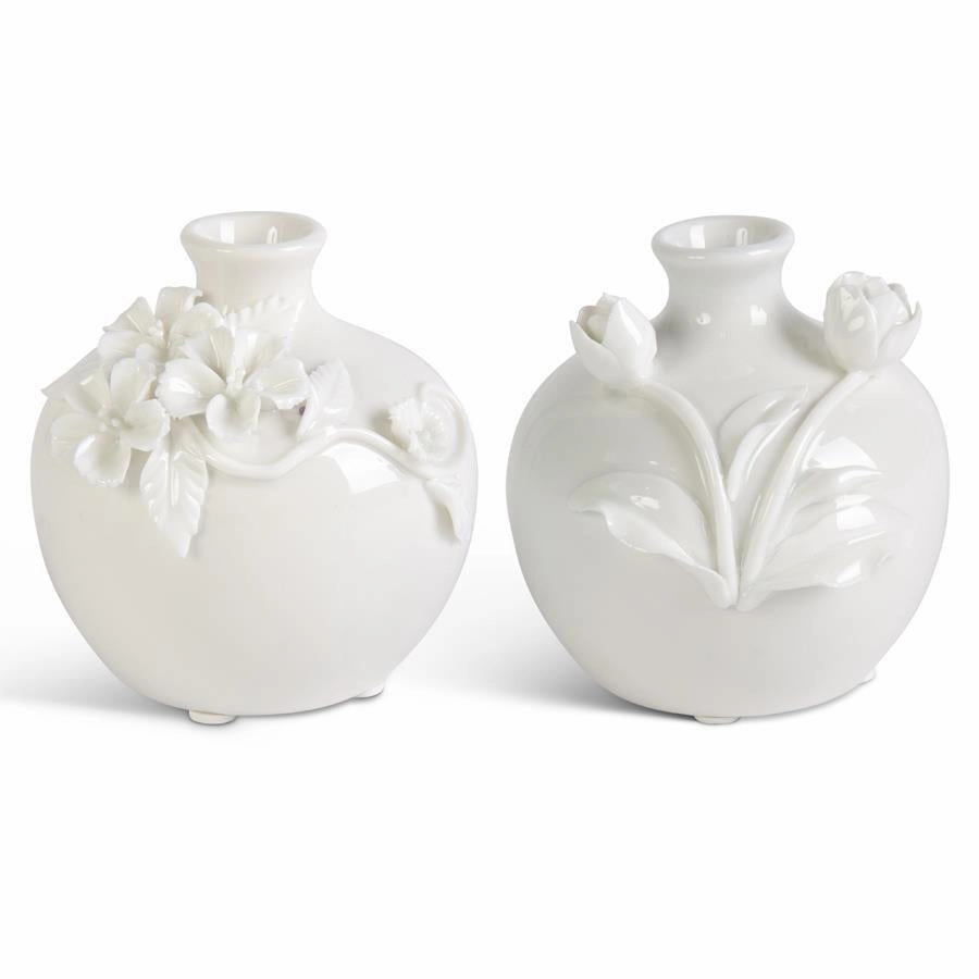 Short White Ceramic Vase w/Raised Flowers (Asst) interior room decor