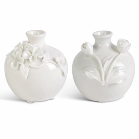 Short White Ceramic Vase w/Raised Flowers (Asst) interior room decor