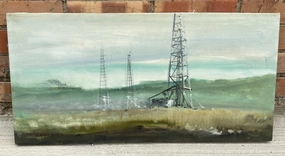 SIGNED HORIZONTAL OIL PAINTING OF DELAPIDATED OIL RIG classic mural painting