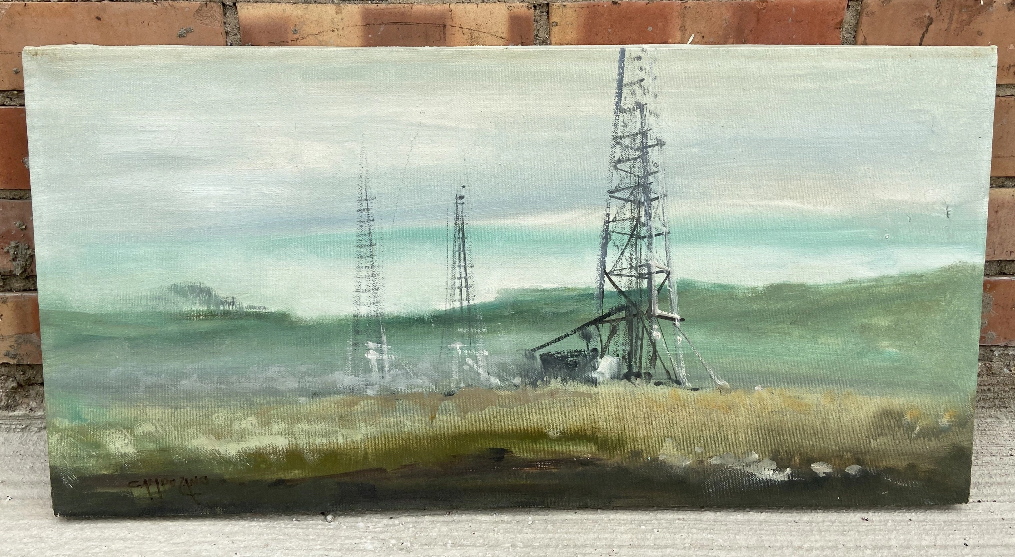 SIGNED HORIZONTAL OIL PAINTING OF DELAPIDATED OIL RIG classic mural painting