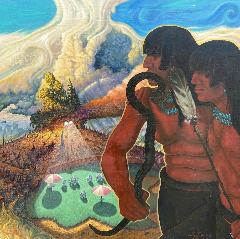 SIGNED INDIAN OIL PAINTING OF CIVILIZATION CREEPING IN