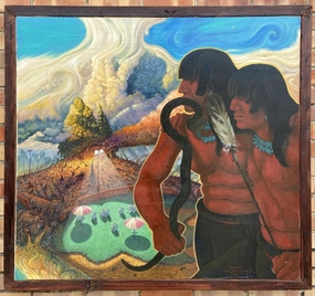 SIGNED INDIAN OIL PAINTING OF CIVILIZATION CREEPING IN classic mural painting