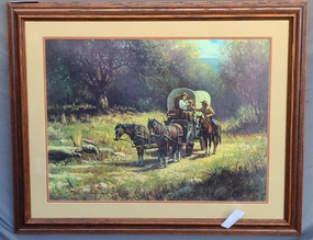 SIGNED LIMITED PRINT OF COWBOY PAINTING WITH WAGON BY MARTIN GRILLE classic mural painting