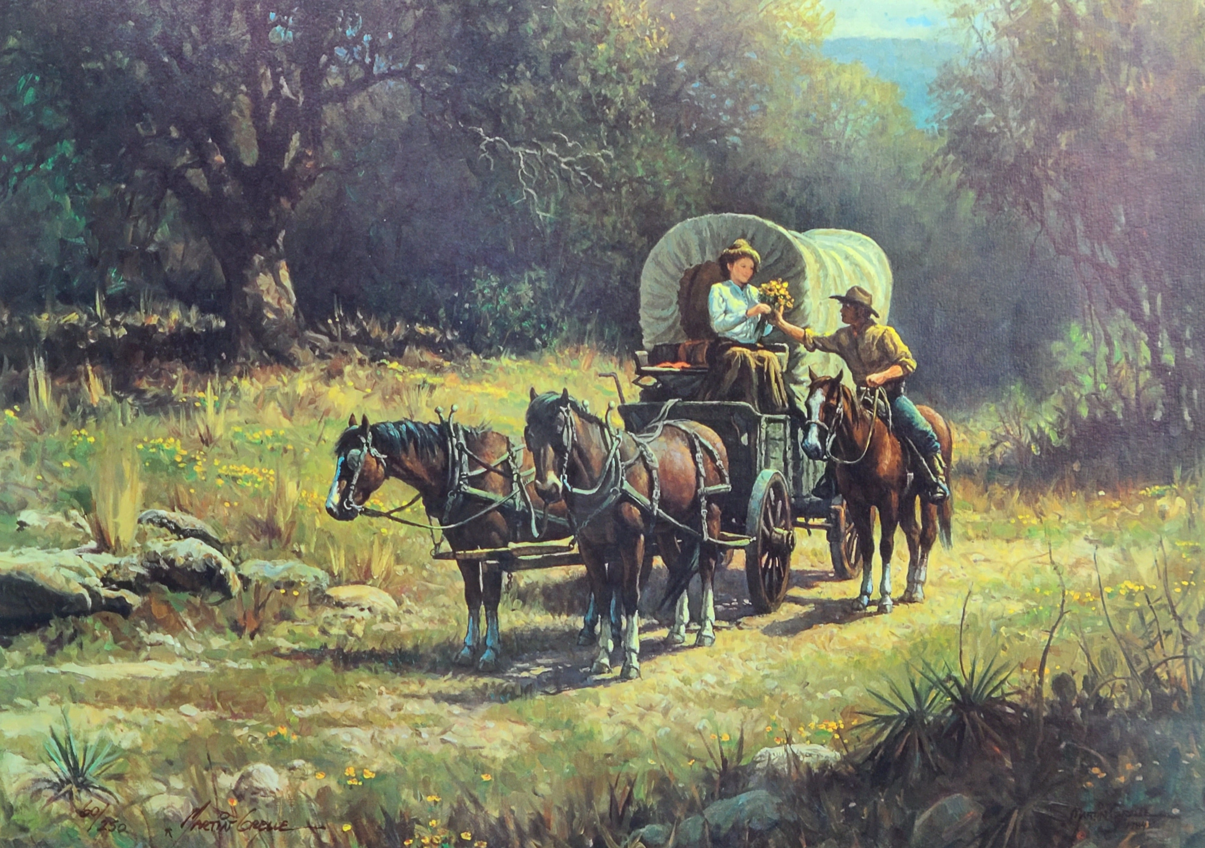 SIGNED LIMITED PRINT OF COWBOY PAINTING WITH WAGON BY MARTIN GRILLE