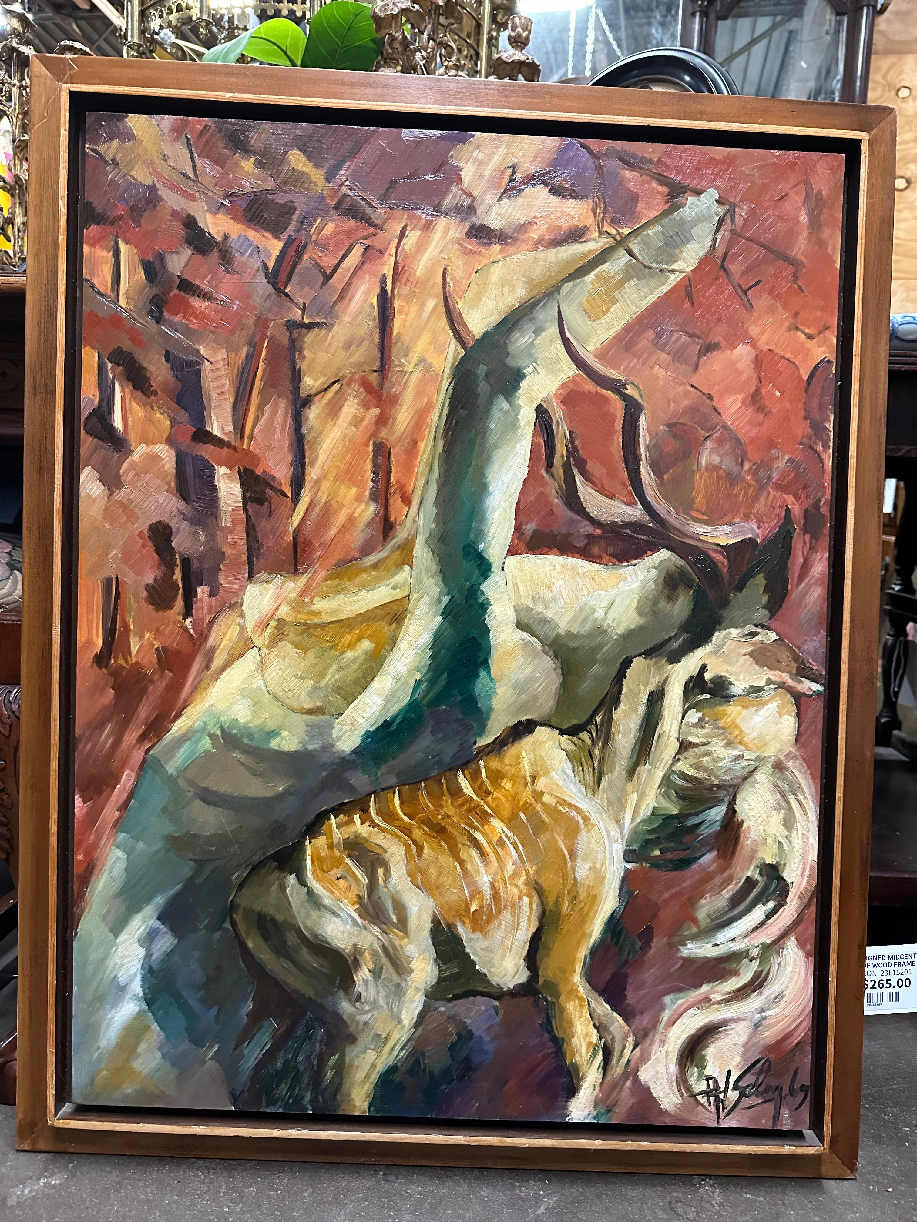 SIGNED MIDCENTURY PAINTING IN WOOD FRAME classic mural painting