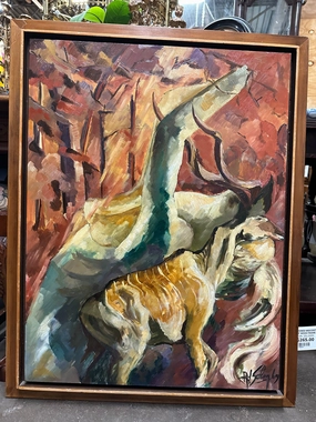 SIGNED MIDCENTURY PAINTING IN WOOD FRAME classic mural painting
