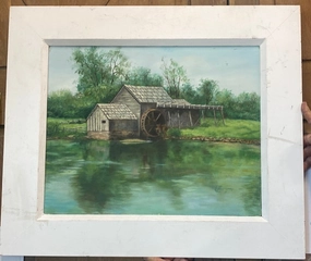 SIGNED OIL PAINTING OF WATER WHEEL classic mural painting