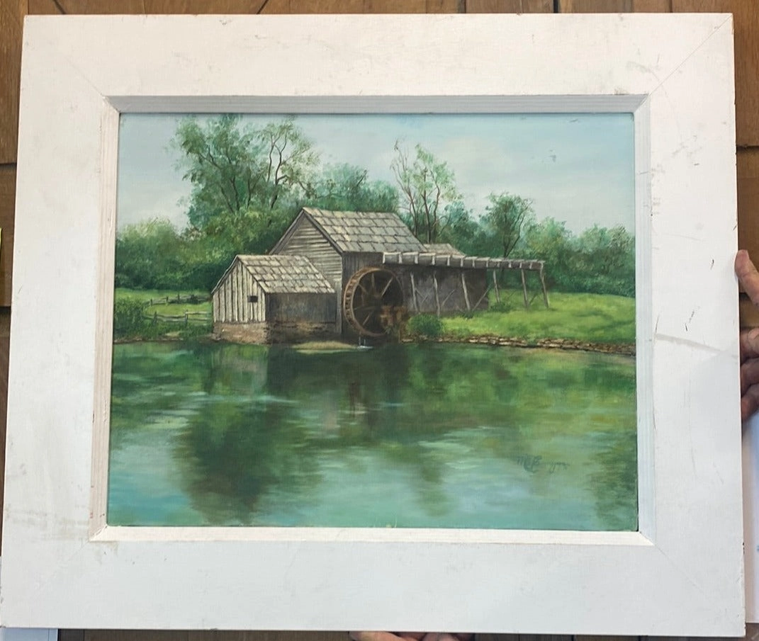 SIGNED OIL PAINTING OF WATER WHEEL classic mural painting