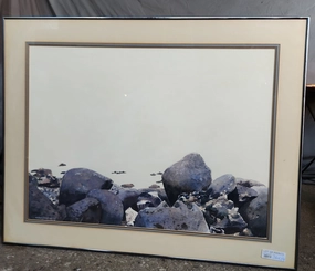 SIGNED ROCKY BEACH WATERCOLOR-CIRCA 1931 classic mural painting