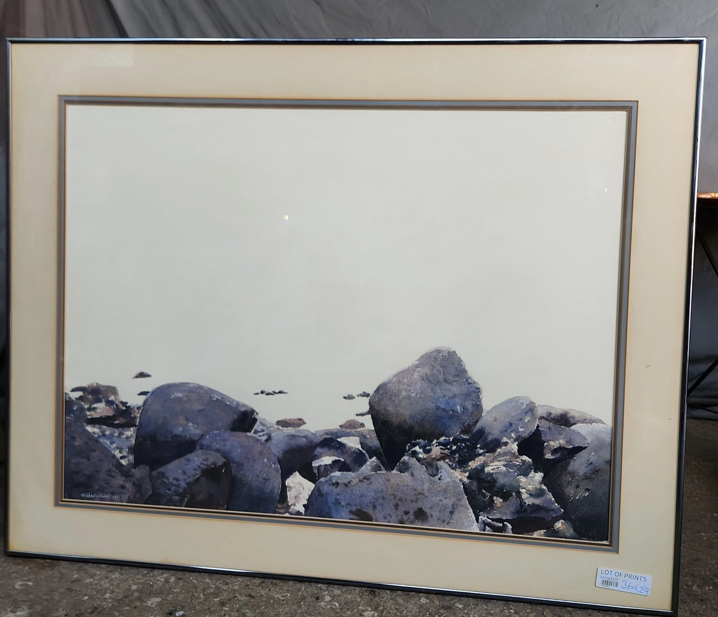 SIGNED ROCKY BEACH WATERCOLOR-CIRCA 1931 classic mural painting