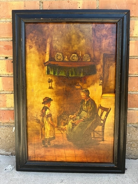 SIGNED SEQUIN 19TH CENTURY GENRE PAINTING ON TILE classic mural painting