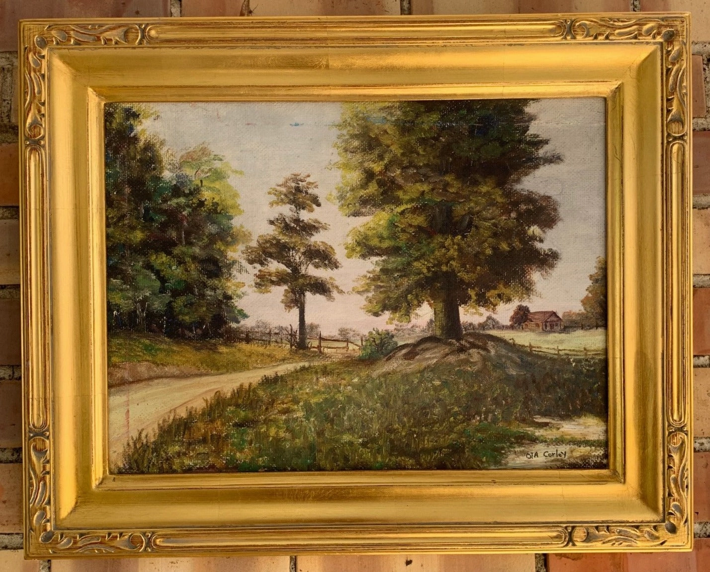 SIGNED TEXAS ARTIST CORLEY COUNTRY ROAD OIL PAINTING ON BOARD classic mural painting