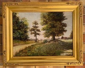 SIGNED TEXAS ARTIST CORLEY COUNTRY ROAD OIL PAINTING ON BOARD classic mural painting