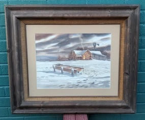SIGNED WATERCOLOR CABIN IN SNOW classic mural painting