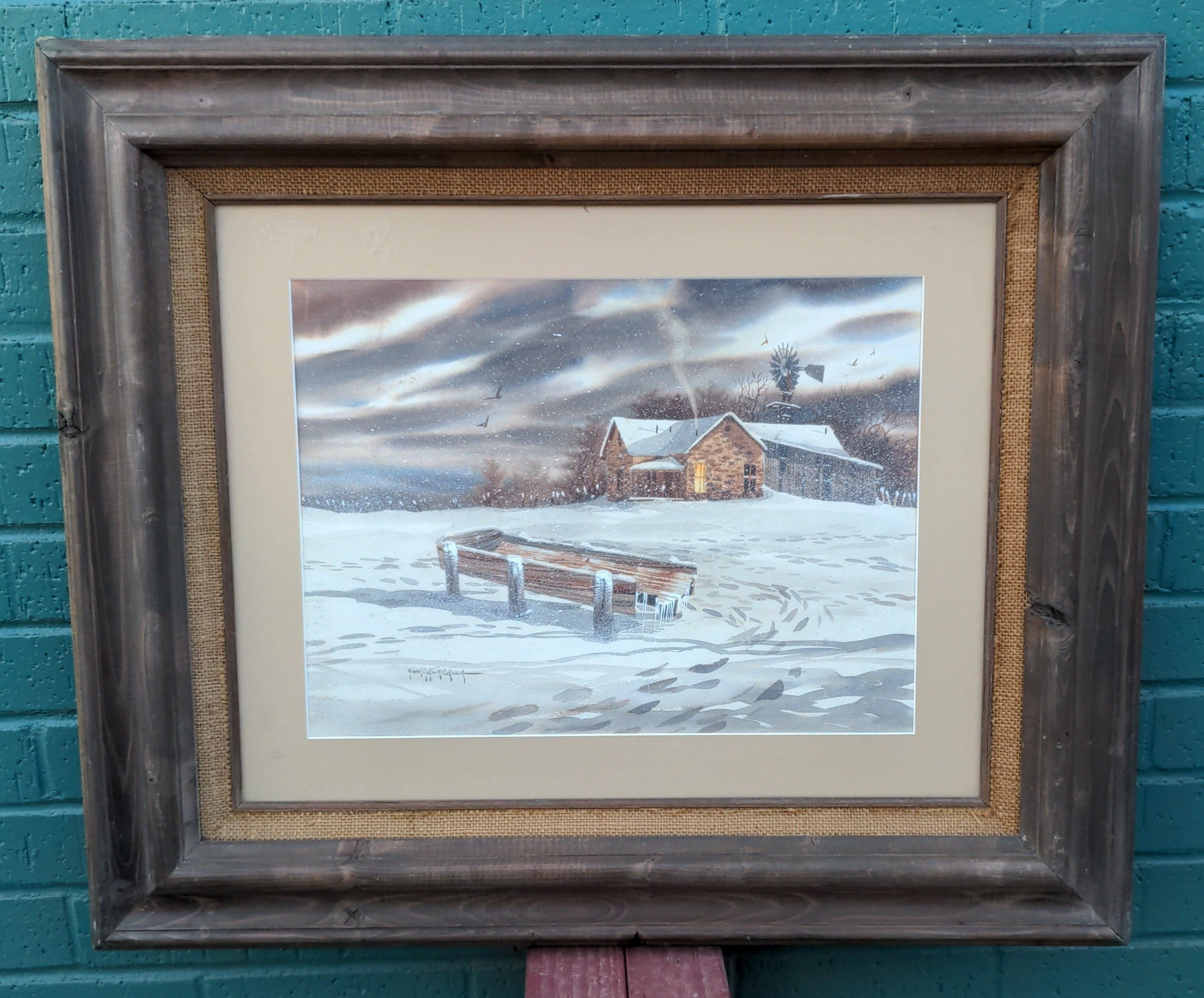 SIGNED WATERCOLOR CABIN IN SNOW classic mural painting