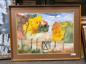 SIGNED WATERCOLOR OF AUTUMN BY JOHN MURPHY classic mural painting