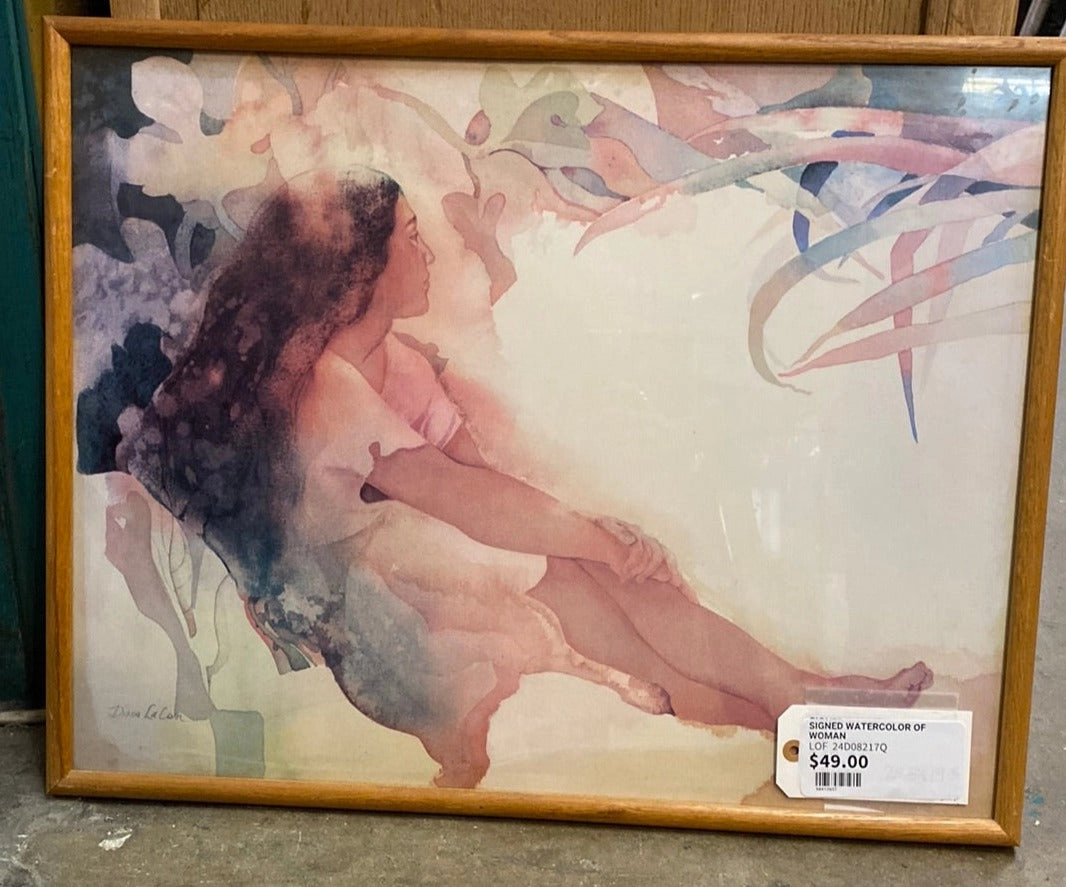 SIGNED WATERCOLOR OF WOMAN classic mural painting