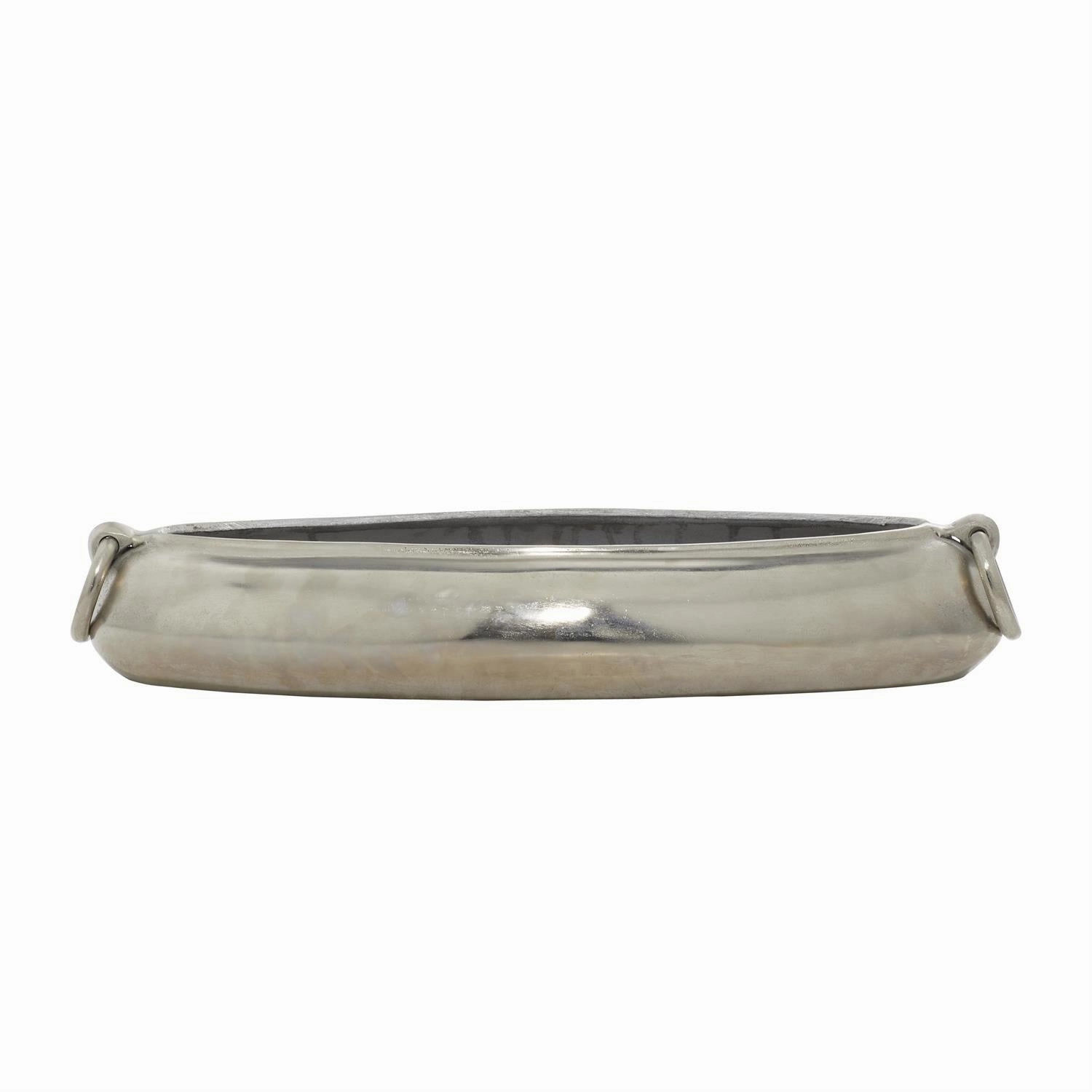 Silver Aluminum Metal Decorative Bowl with Ring Handles, 24" x 9" x 4" interior room decor