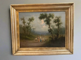 SILVER AND GOLD LEAF FRAMED FAMILY OUTING OIL PAINTING classic mural painting