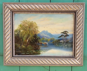 SILVER FRAMED 19TH CENTURY OIL PAINTING OF COWS IN A STREAM classic mural painting