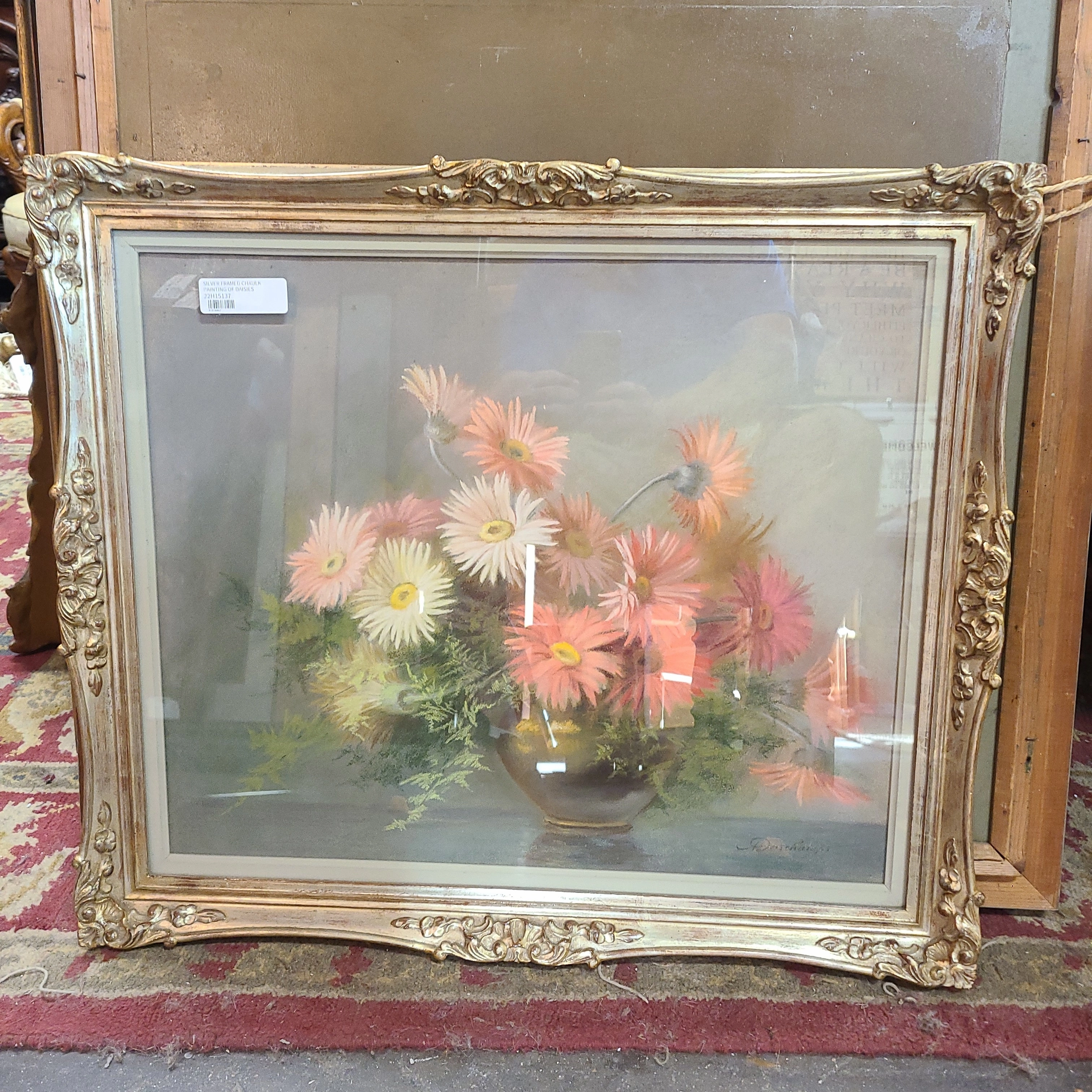 SILVER FRAMED CHAULK PAINTING OF DAISIES