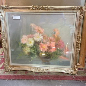 SILVER FRAMED CHAULK PAINTING OF DAISIES classic mural painting