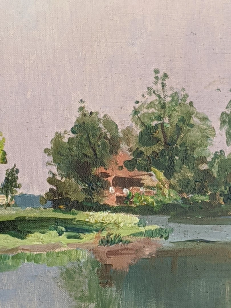 SILVER FRAMED IMPRESSIONIST LANDSCAPE OIL PAINTING WITH POND AND HOUSE