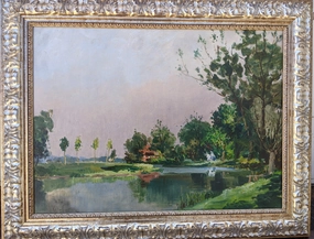 SILVER FRAMED IMPRESSIONIST LANDSCAPE OIL PAINTING WITH POND AND HOUSE classic mural painting