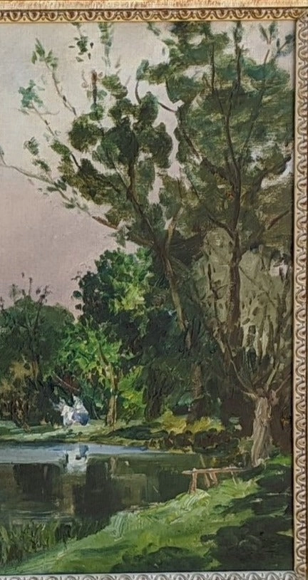 SILVER FRAMED IMPRESSIONIST LANDSCAPE OIL PAINTING WITH POND AND HOUSE