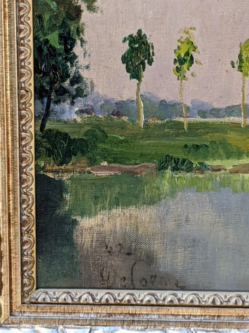 SILVER FRAMED IMPRESSIONIST LANDSCAPE OIL PAINTING WITH POND AND HOUSE