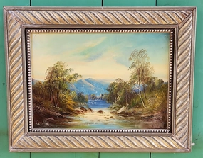 SILVER FRAMED OIL PAINTING OF A CASTLE BY A STREAM-SIGNED classic mural painting