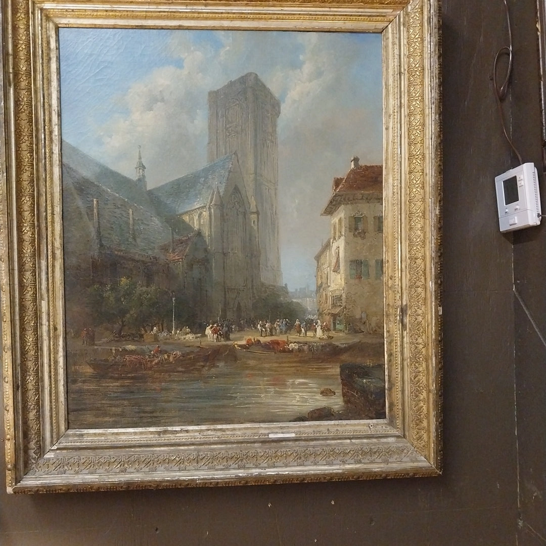 SILVER FRAMED VERTICAL ENGLISH OIL PAINTING OF A CATHEDRAL SIGNED ALEXANDRE DE FAUX