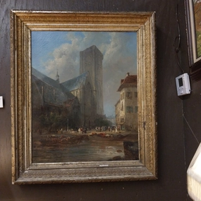 SILVER FRAMED VERTICAL ENGLISH OIL PAINTING OF A CATHEDRAL SIGNED ALEXANDRE DE FAUX classic mural painting