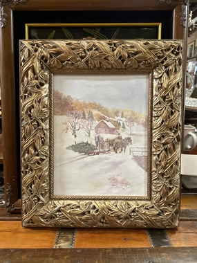 SILVER GILT FRAMED WINTER FARM SECNE OIL PAINTING BY MAUDE WATERS classic mural painting