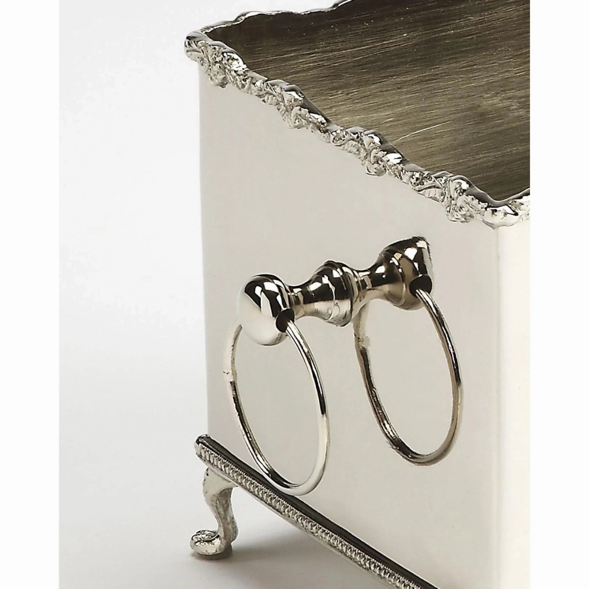 Silver Hued Brass Box Planter with Legs and Engraving Detail