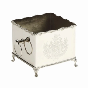 Silver Hued Brass Box Planter with Legs and Engraving Detail home display ornament