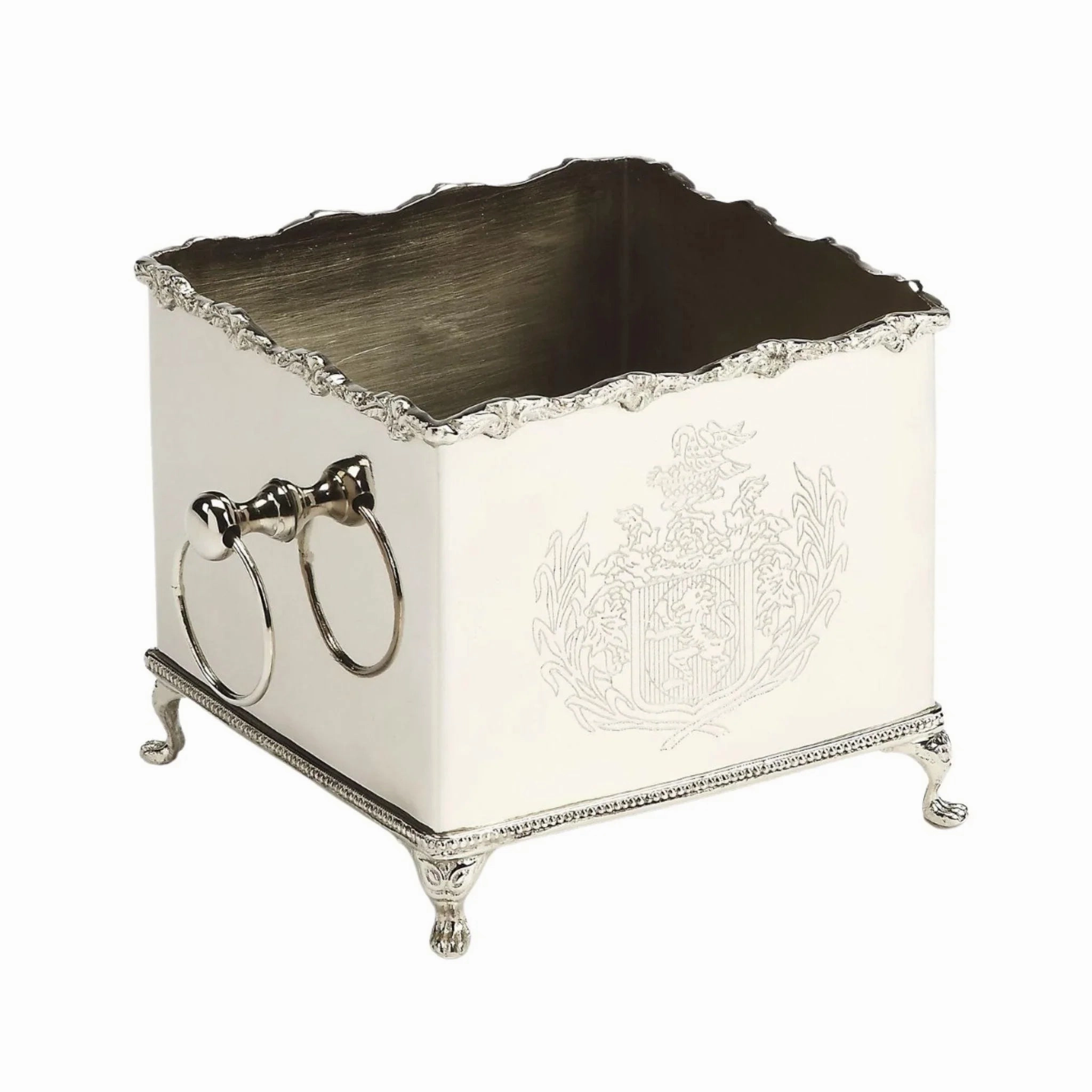 Silver Hued Brass Box Planter with Legs and Engraving Detail home display ornament