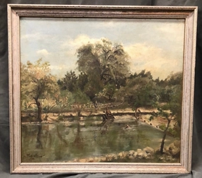 SMALL 1922 OIL PAINTING OF FISHING POND SIGNED THOMAS H CAROW classic mural painting