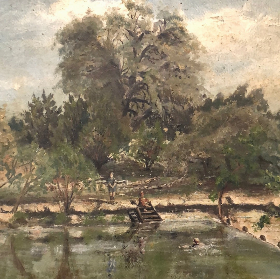 SMALL 1922 OIL PAINTING OF FISHING POND SIGNED THOMAS H CAROW